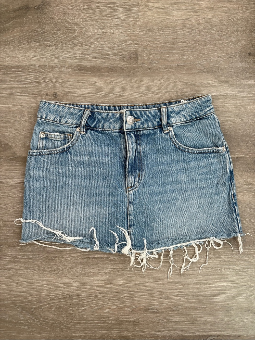 Garage Light Blue Denim Mini Skirt with Frayed Hem